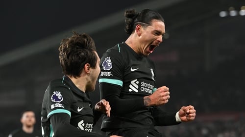 Darwin Nunez (R) celebrates his second goal