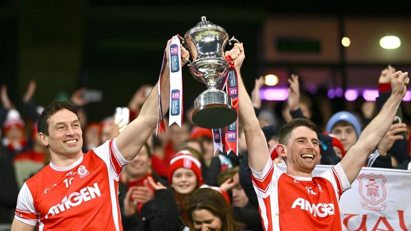 Cuala's James Power, left, and Luke Keating lift the Andy Merrigan Cup at Croke Park