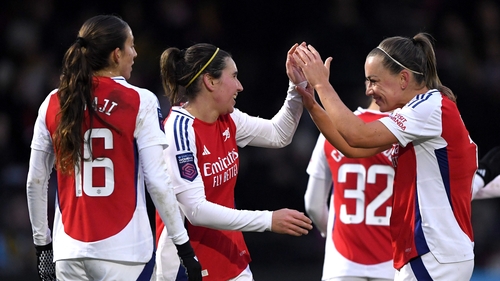 Republic of Ireland captain Katie McCabe congratules Mariona Caldentey after the fifth goal