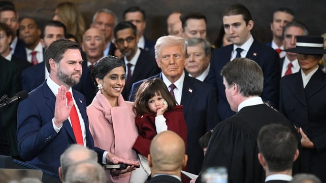JD Vance took the oath of office beside his wife, Usha. Brett Kavanaugh, associate justice of the US Supreme Court, administered the oath of office to Mr Vance