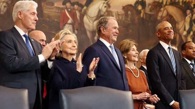 Former presidents Bill Clinton, George W Bush and Barack Obama awaiting the arrival of Donald Trump. Former First Ladies Hillary Clinton - who was also Mr Trump's rival in the 2016 US presidential election - and Laura Bush can be seen