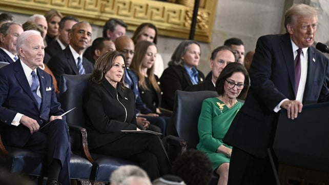 Former US President Joe Biden and former US Vice President Kamala Harris listen to President Trump deliver his inaugural address. Ms Harris ran against Mr Trump in the 2024 US presidential election, but was unsuccessful