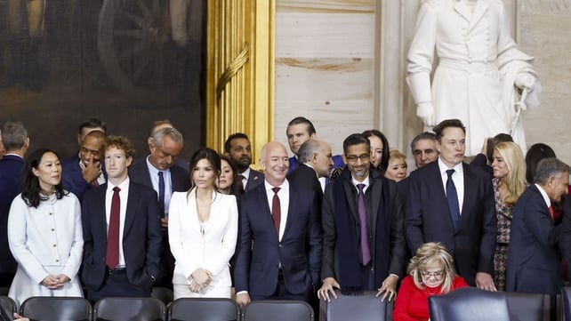 (L-R) Donald Trump's fellow billionaires Meta CEO Mark Zuckerberg, Amazon Executive Chair Jeff Bezos, Google CEO Sundar Pichai and Tesla CEO Elon Musk watch the swearing in ceremony