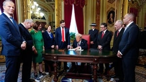 Donald Trump took part in a signing ceremony pertaining to appointees in the US Capitol's President's Room. Also in attendance Vice President JD Vance, Melania Trump, House Speaker Mike Johnson and House Minority Leader Hakeem Jeffries