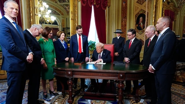 Donald Trump took part in a signing ceremony pertaining to appointees in the US Capitol's President's Room. Also in attendance Vice President JD Vance, Melania Trump, House Speaker Mike Johnson and House Minority Leader Hakeem Jeffries