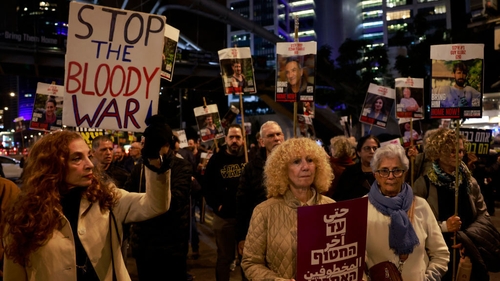 Supporters and relatives of Israeli hostages held captive in Gaza demonstrate in Tel Aviv