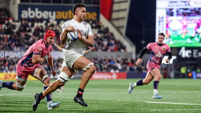 Cormac Izuchukwu runs in for his third try against Exeter