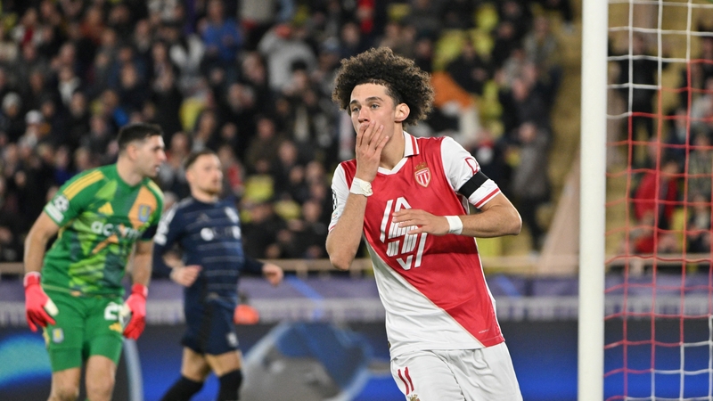 Monaco's Maghnes Akliouche reacts after missing a chance against Aston Villa