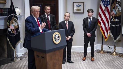 US President Donald Trump at the launch of the Stargate AI project with Larry Ellison, chairman of Oracle Corporation, Masayoshi Son, SoftBank Group CEO and Sam Altman, OpenAI CEO