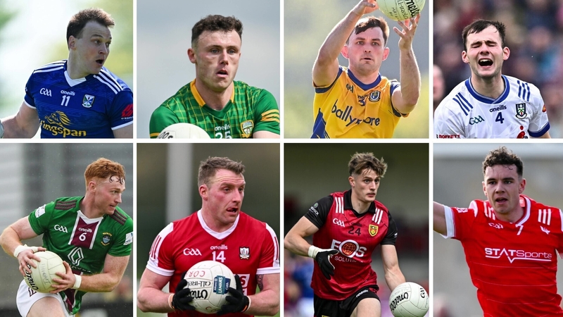 Clockwise from top left: Gearóid McKiernan (Cavan), Jordan Morris (Meath), Brian Stack (Roscommon), Jason Irwin (Monaghan), Ronan Wallace (Westmeath), Brian Hurley (Cork), John McGovern (Down), Craig Lennon (Louth).