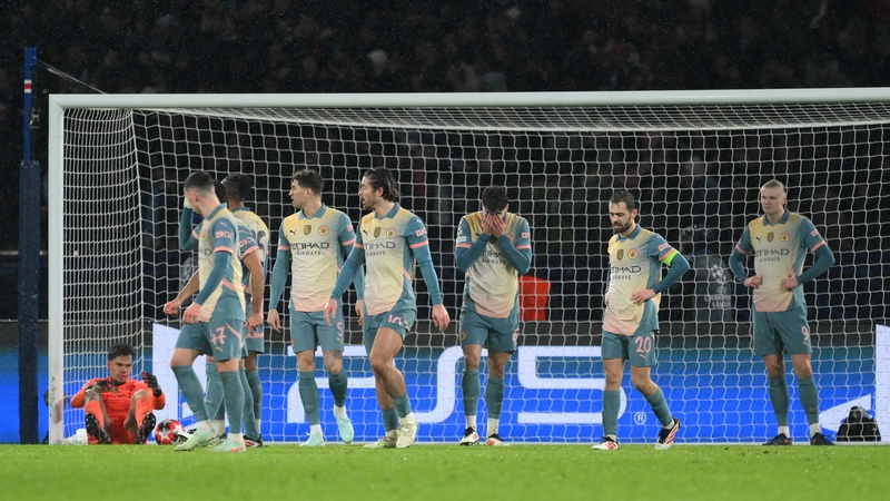 Manchester City react after Joao Neves scores Paris Saint-German's third goal