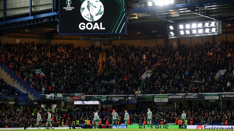 Shamrock Rovers players react after conceding a fourth goal at Stamford Bridge