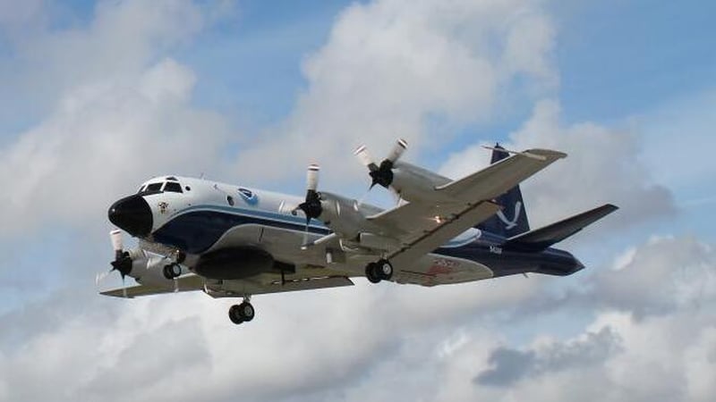 One of the 'hurricane hunter' planes, NOAA Lockheed WP-3D Orion N43RF, in operation