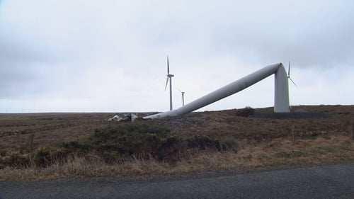 A wind turbine is broken following the storm in Galway