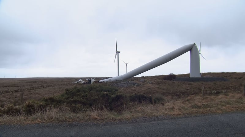 A wind turbine is broken following the storm in Galway