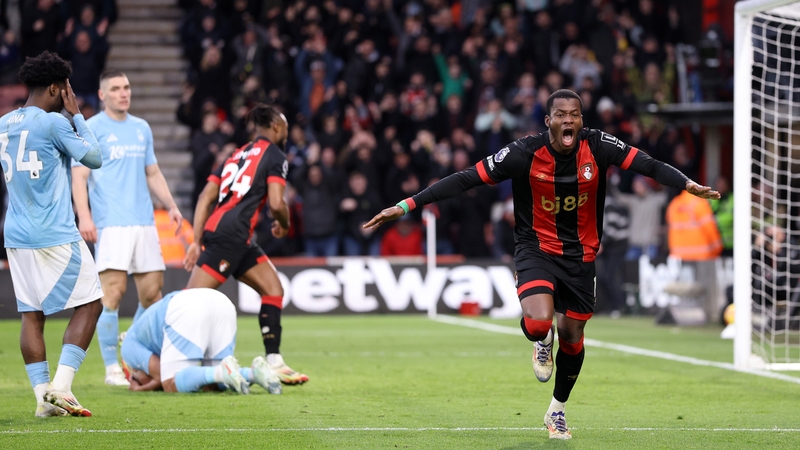Dango Ouattara celebrates scoring Bournemouth's second goal and his first of a hat-trick against Nottingham Forest