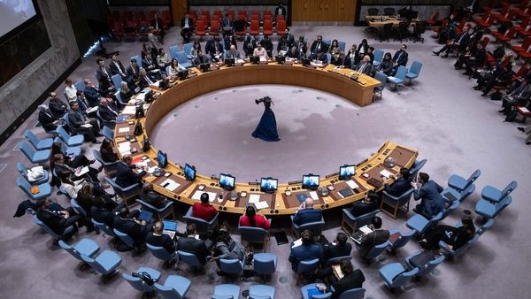 An overall view shows the United Nations Security Council during a meeting concerning the UN Relief and Works Agency at UN headquarters