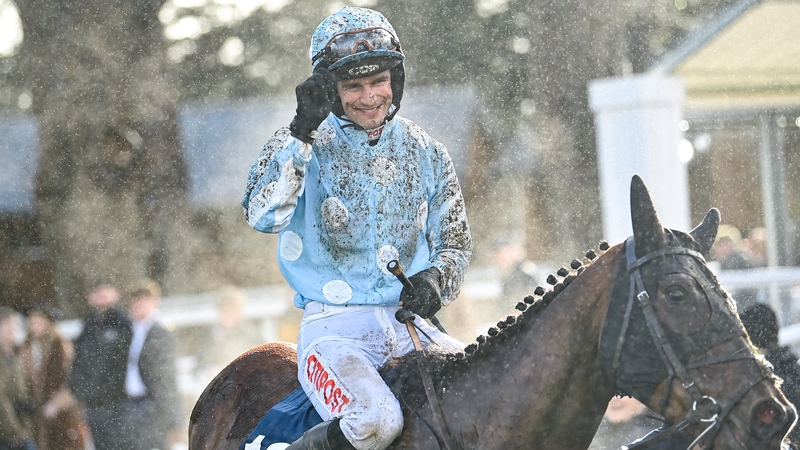 Danny Mullins celebrates on Kargese after winning the McCann FitzGerald Spring Juvenile Hurdle at 2024 Dublin Racing Festival