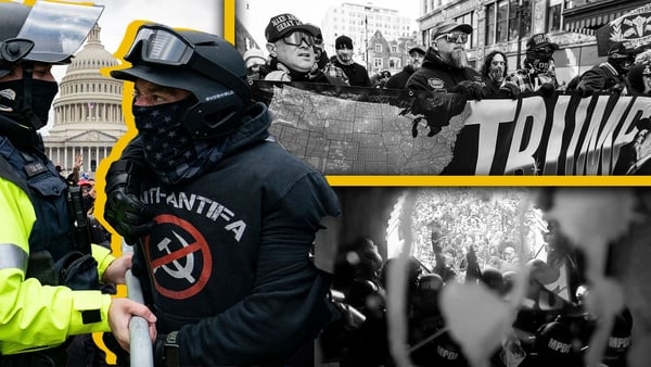 Compilation image: Left, a self-identified member of the Proud Boys and a police officer. Right: Two images from the riots. (Getty)