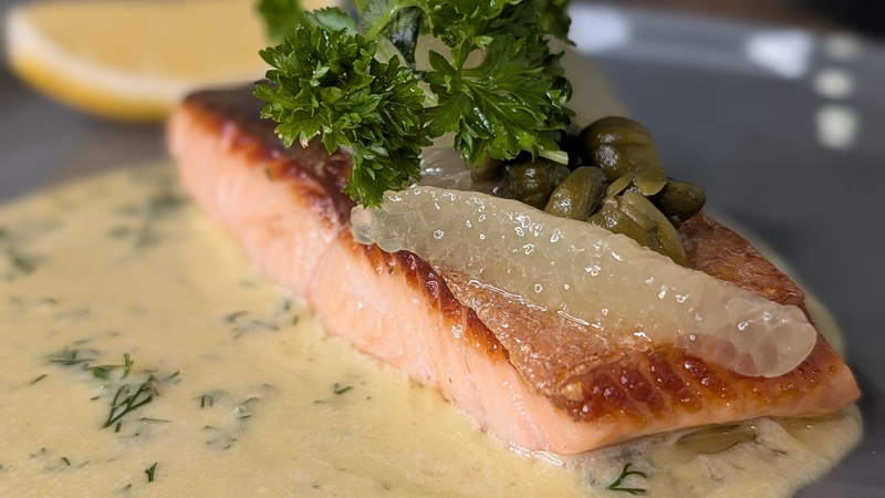 Derry Clarke's seared salmon filet, caper and lemon dressing & dill sauce: Today