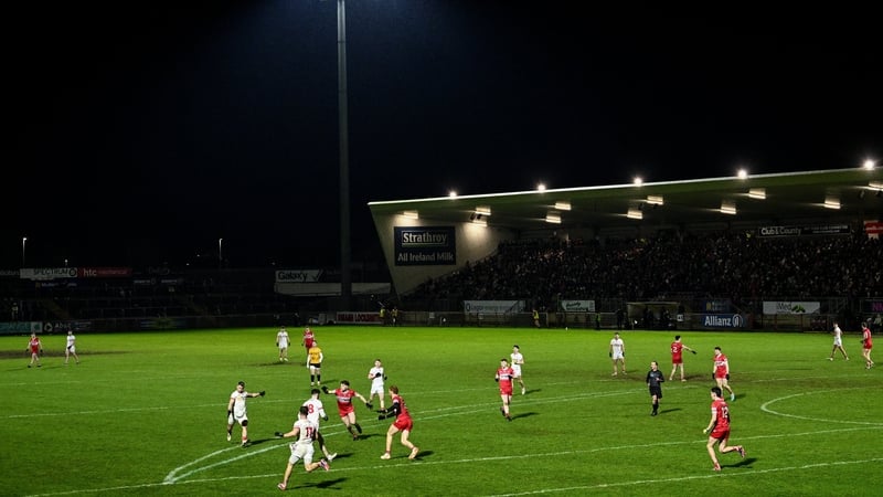 Tyrone's Mattie Donnelly attempts a two-point score against Derry at O'Neills Healy Park in Omagh