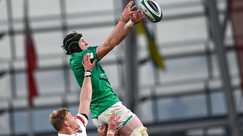 Ryan Baird takes a lineout against England in the 2023 Six Nations clash in Dublin