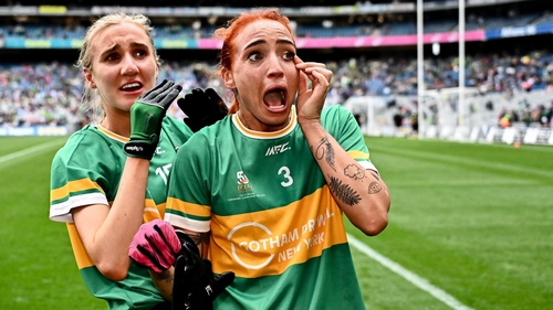 Leitrim players Charlene Tyrrell, right, and Áine Redican celebrate last year's All-Ireland intermediate football final