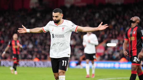 Mohamed Salah celebrates scoring his and Liverpool's second goal at the Vitality Stadium