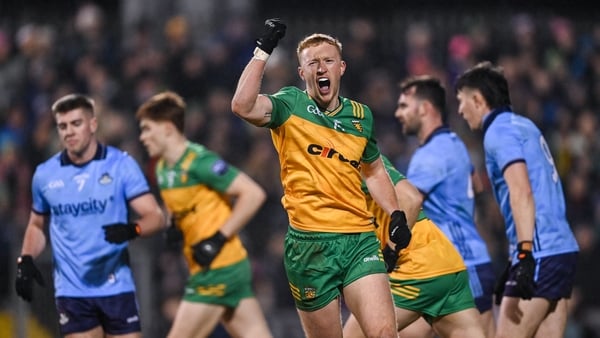 Oisín Gallen of Donegal celebrates a late score
