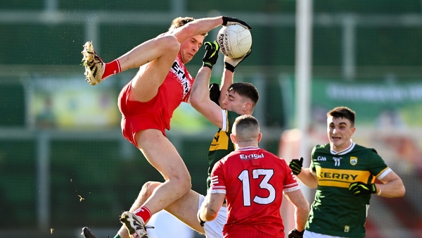 Anton Tohill of Derry rises highest to win possession in Celtic Park