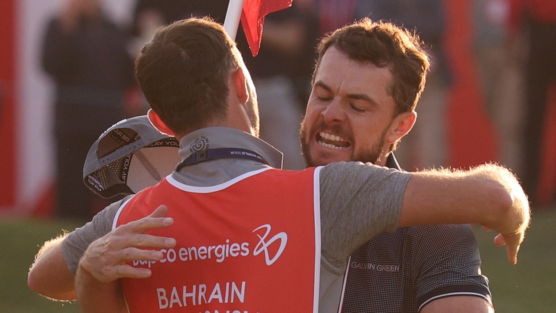 Laurie Canter celebrates his win on first play-off hole
