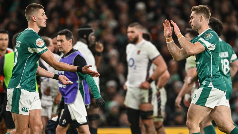 Jack Crowley (r) replaced Sam Prendergast in the 59th minute