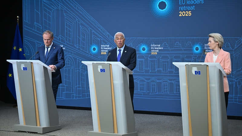 European Council President Antonio Costa (C) speaks alongside Poland's PM Donald Tusk and European Commission President Ursula von der Leyen