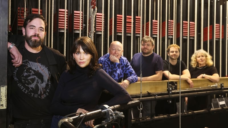 Aaron McCusker (Far left) and Charlene McKenna (Second from left) lead the cast of The Ferryman