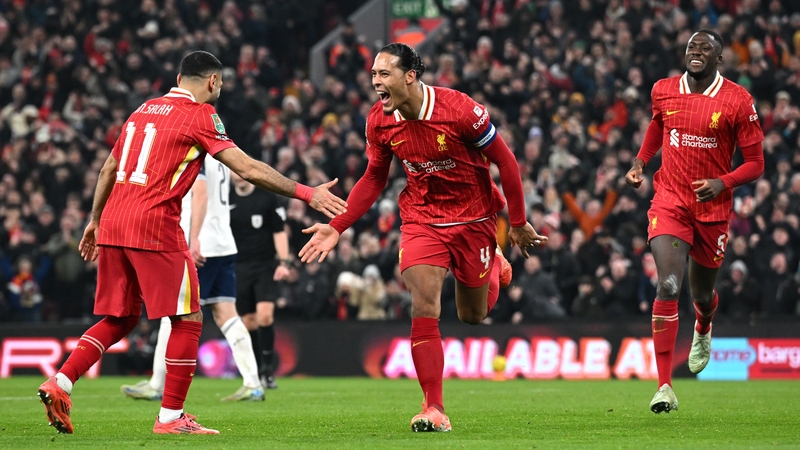 Liverpool captain Virgil van Dijk celebrates Liverpool's fourth goal against Tottenham Hotspur at Anfield