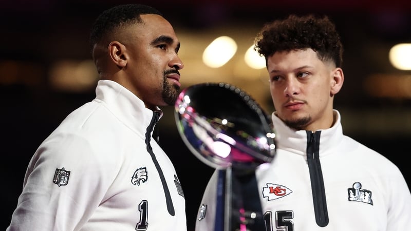 Quarterbacks Jalen Hurts of the Philadelphia Eagles and Patrick Mahomes of the Kansas City Chiefs meet for the second time in the NFL decider