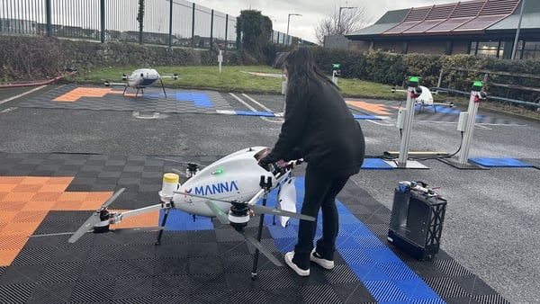 A Manna delivery drone is prepped for takeoff. Photo: Samantha Libreri/RTÉ