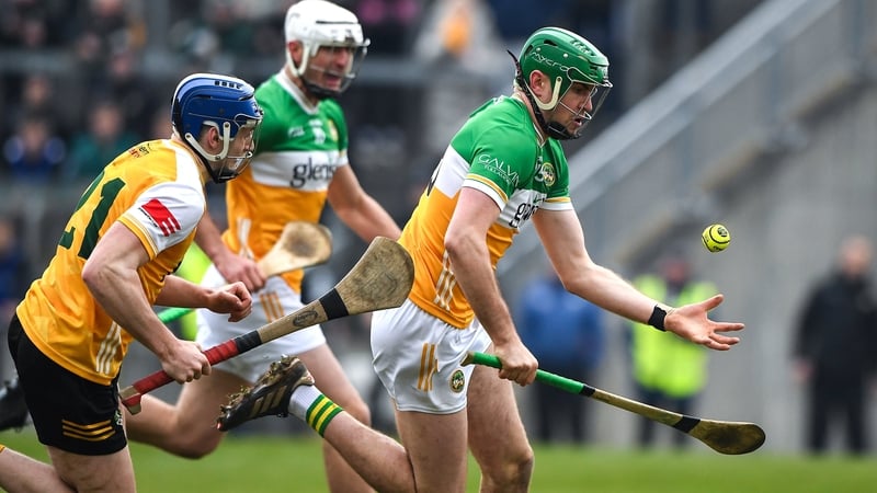 Offaly's Brian Duignan in action against Eoiun McFerran of Antrim