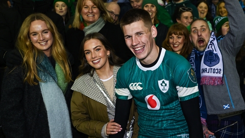Sam Prendergast celebrates Ireland's win with friends and family