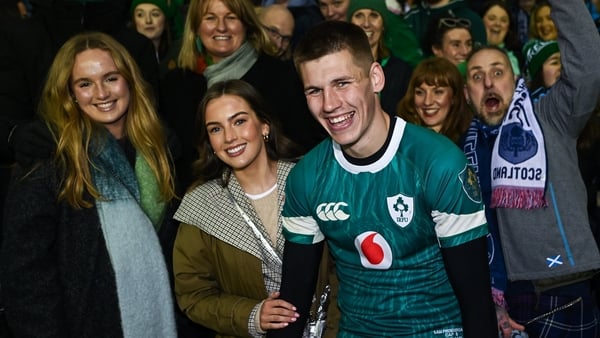 Sam Prendergast celebrates Ireland's win with friends and family