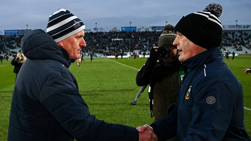 John Kiely (L) and Liam Cahill shake hands after an enjoyable Gaelic Grounds encounter