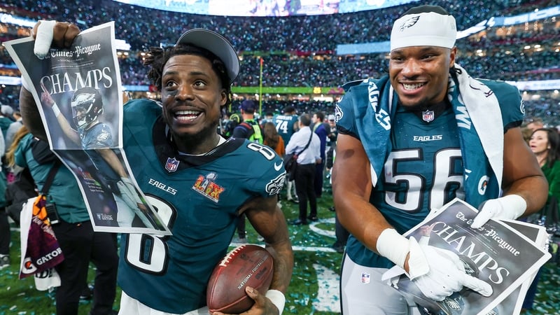 CJ Gardner-Johnson and Jalyx Hunt celebrate the Philadelphia Eagles' win over the Kansas City Chiefs