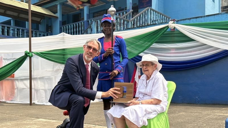 Sister Teresa McKeon received her award from Irish Ambassador Aidan Fitzpatrick at a ceremony in Freetown, Sierra Leone