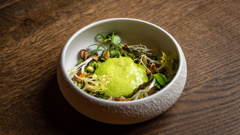 Niklas Ekstedt's grilled English asparagus with leek purée, peas and mushroom (Ekstedt at The Yard/PA)