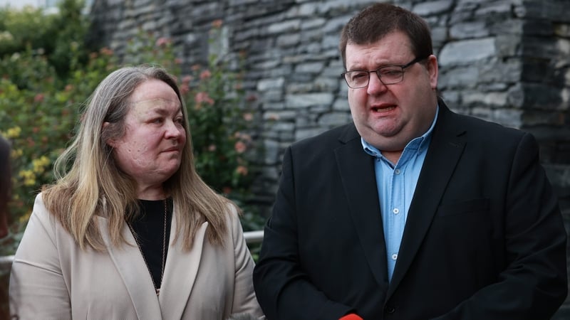 Donna-Marie and Garry McGallion speak to the media outside the inquiry in Omagh
