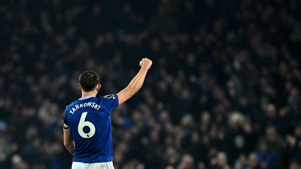 James Tarkowski salutes the crowd after a crazy night at Goodison Park