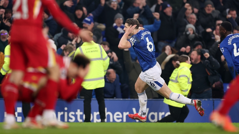 James Tarkowski celebrates Everton's equaliser in the final Merseyside derby at Goodison Park