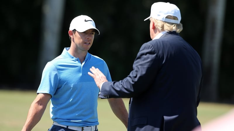 Rory McIlroy and Donald Trump are pictured at the World Golf Championships-Cadillac Championship at Trump National Doral Blue Monster Course in Florida in 2016