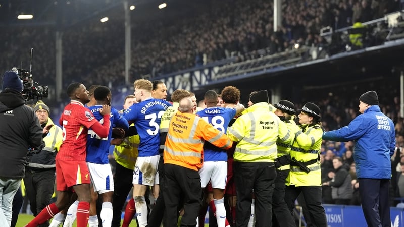 Liverpool and Everton players clashed after the final whistle in the last-ever Merseyside derby at Goodison Park