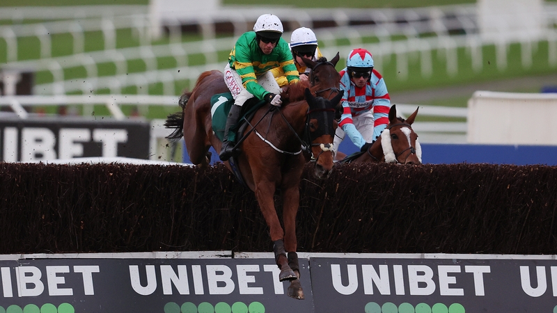 Derek O'Connor clears the second last on board Corbetts Cross on route to victory in the National Hunt Novices' Chase at Cheltenham